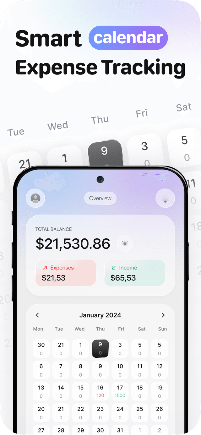 Calendar view showing daily expense tracking with color-coded entries